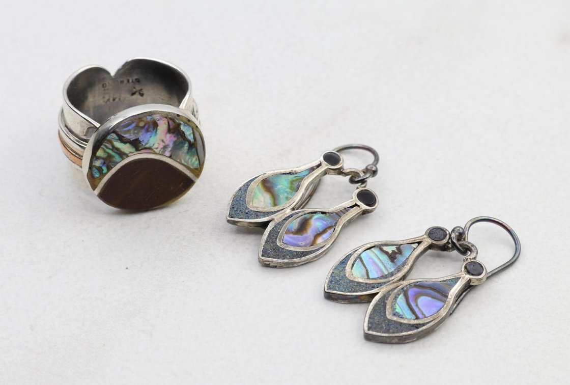 Sterling Silver, 14KY Gold Abalone Ring, Earrings