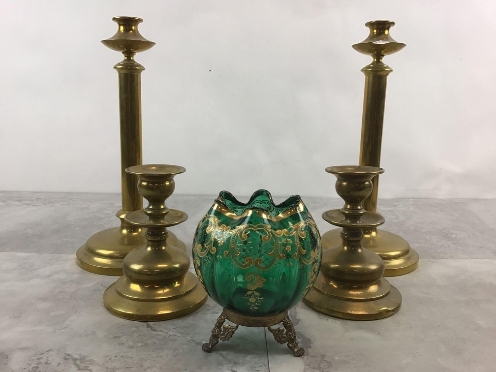 Brass Candlesticks and Enameled Painted Vase