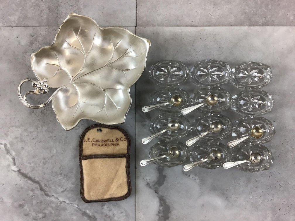 Crystal Salts and Sterling Spoons, and Leaf Dish