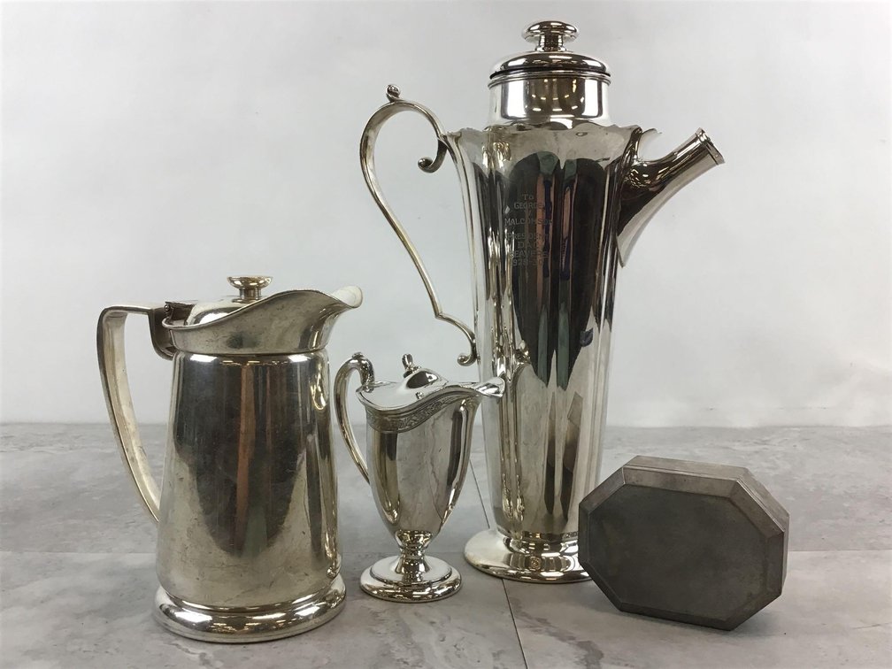 Silver Plate Serving Ware & Beverly Hilton Pitcher