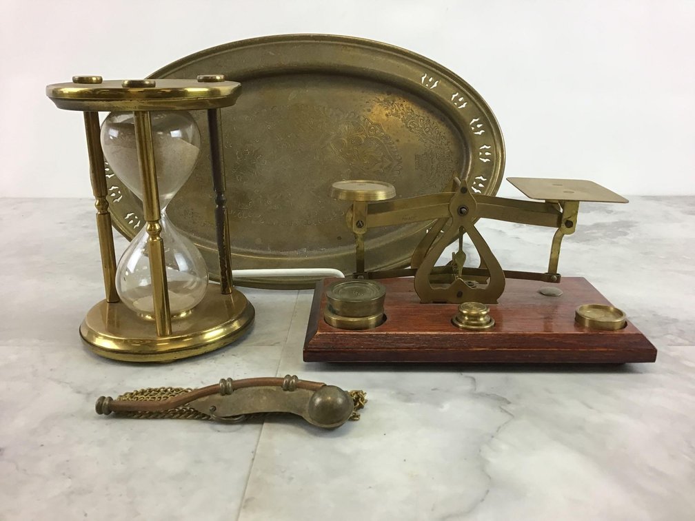 Brass Scale, Tray, Boatswain Whistle & Hourglass 