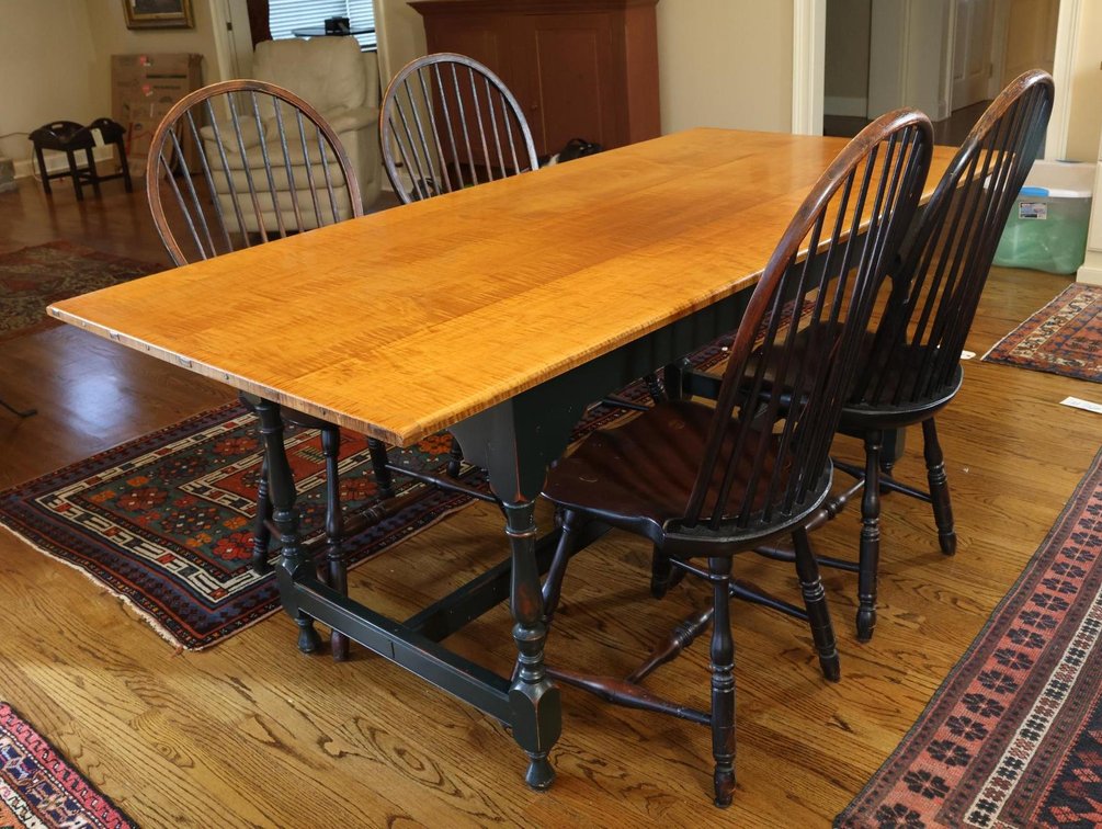 Tiger Maple Table and Windsor Chairs