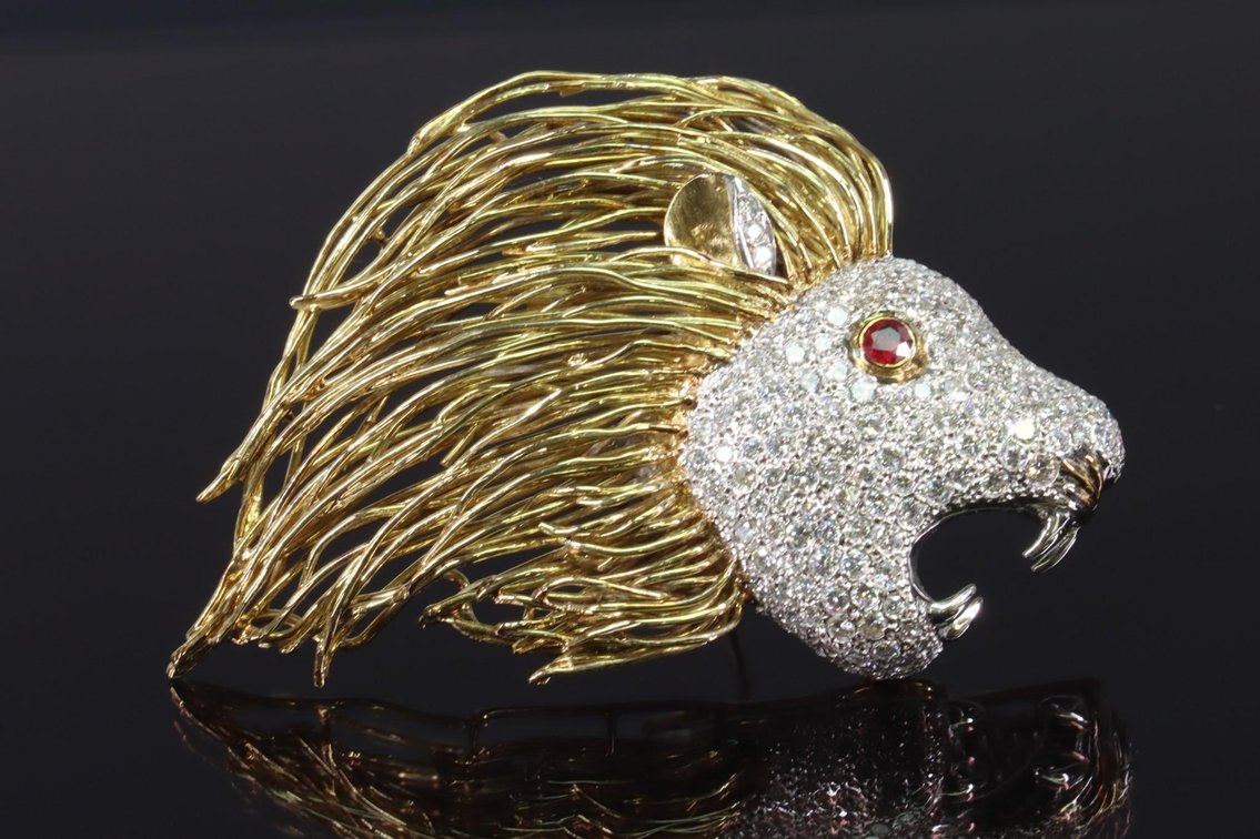 14k Diamond and Ruby Lion Brooch