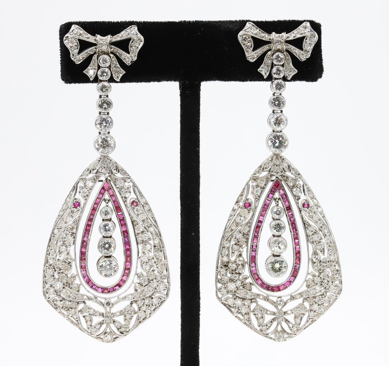 Platinum Diamond and Ruby Earrings