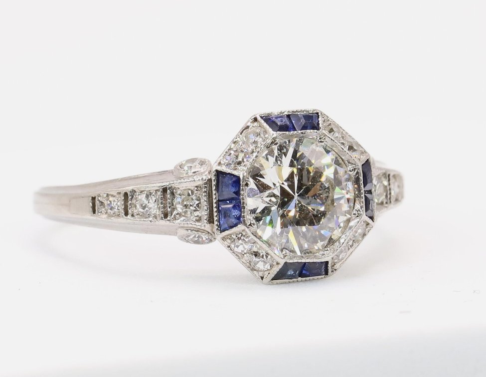 Art Deco Platinum Diamond and Sapphire Ring, 1.0 carat