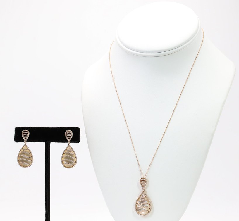 14k RG Diamond Pendant and Earrings