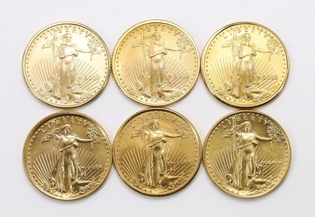 $10 1/10th oz .999 Fine Gold Coins (6) 