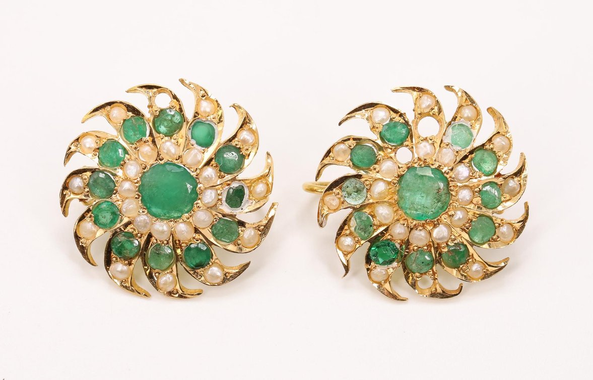 18k Emerald and Seed Pearl Earrings
