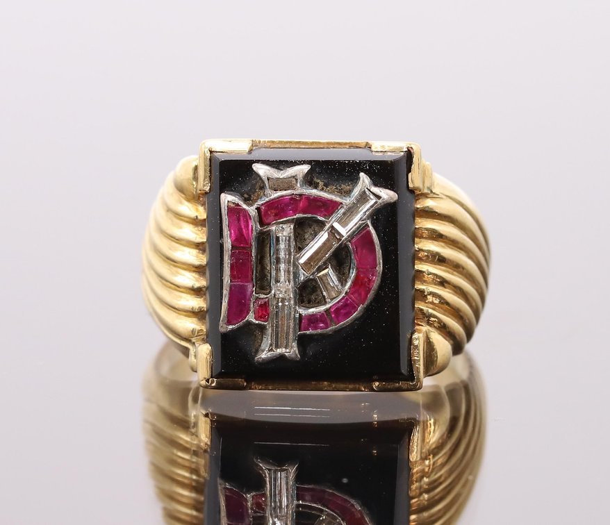 18KY Gold Onyx, Diamond and Ruby Fraternity? Ring