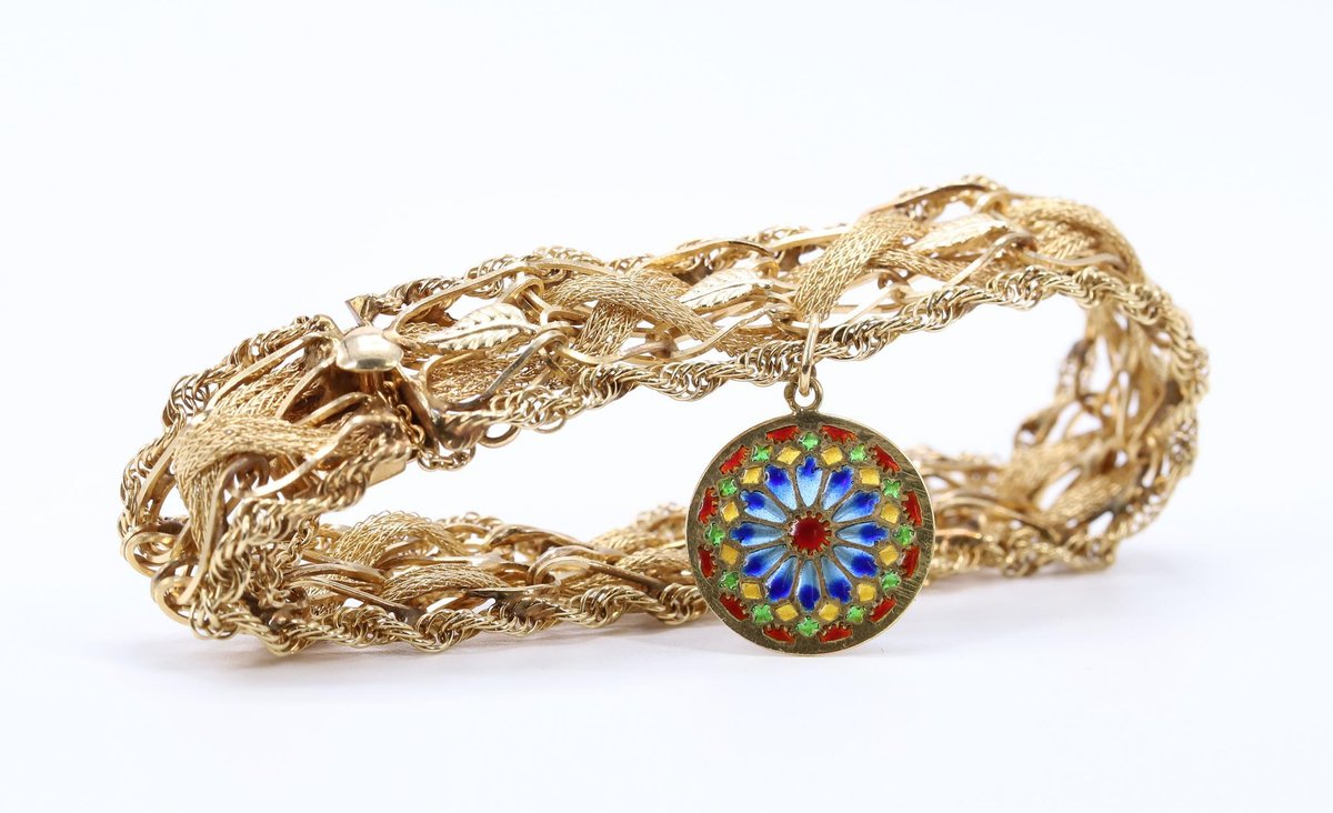 14k Art Nouveu Bracelet with Plique a Jour Pendant