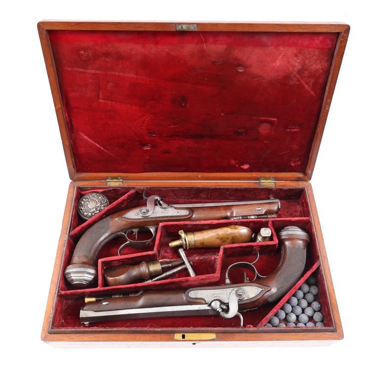 Cased Matched Pair Of European Percussion Dueling Pistols