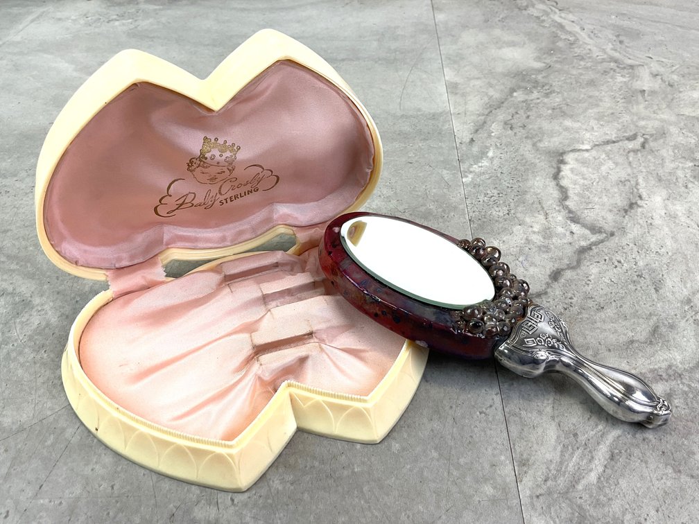 Bakelite Heart-Shaped Box & Sterling Hand Mirror