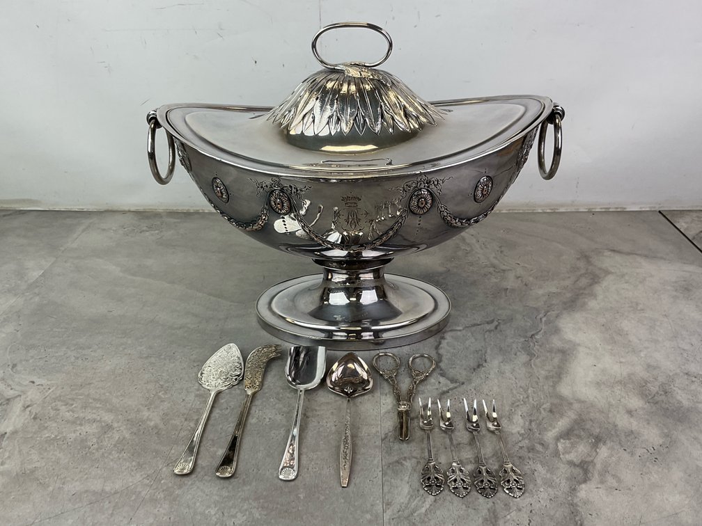 Sheffield Silver-Plated Tureen with Serving Utensils