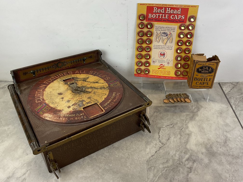 Boyemaco Curtain Fixture & Vintage Bottle Cap Display