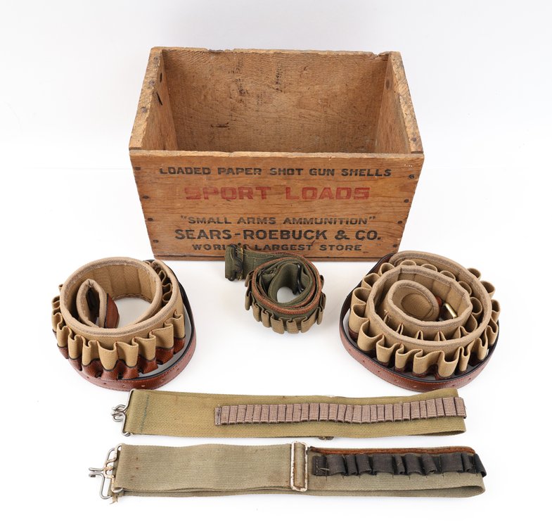 Antique Wood Ammo Box And Ammo Belts