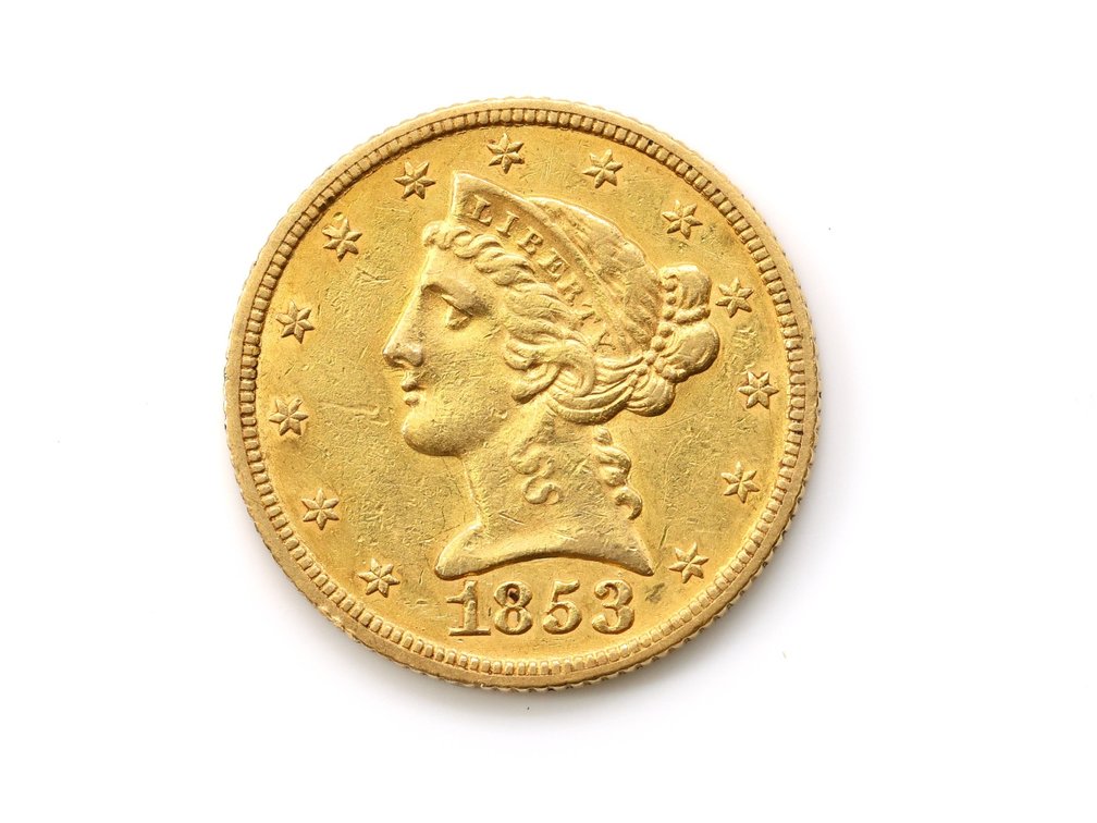 1853 Liberty Head $5 Gold Coin, No Motto.