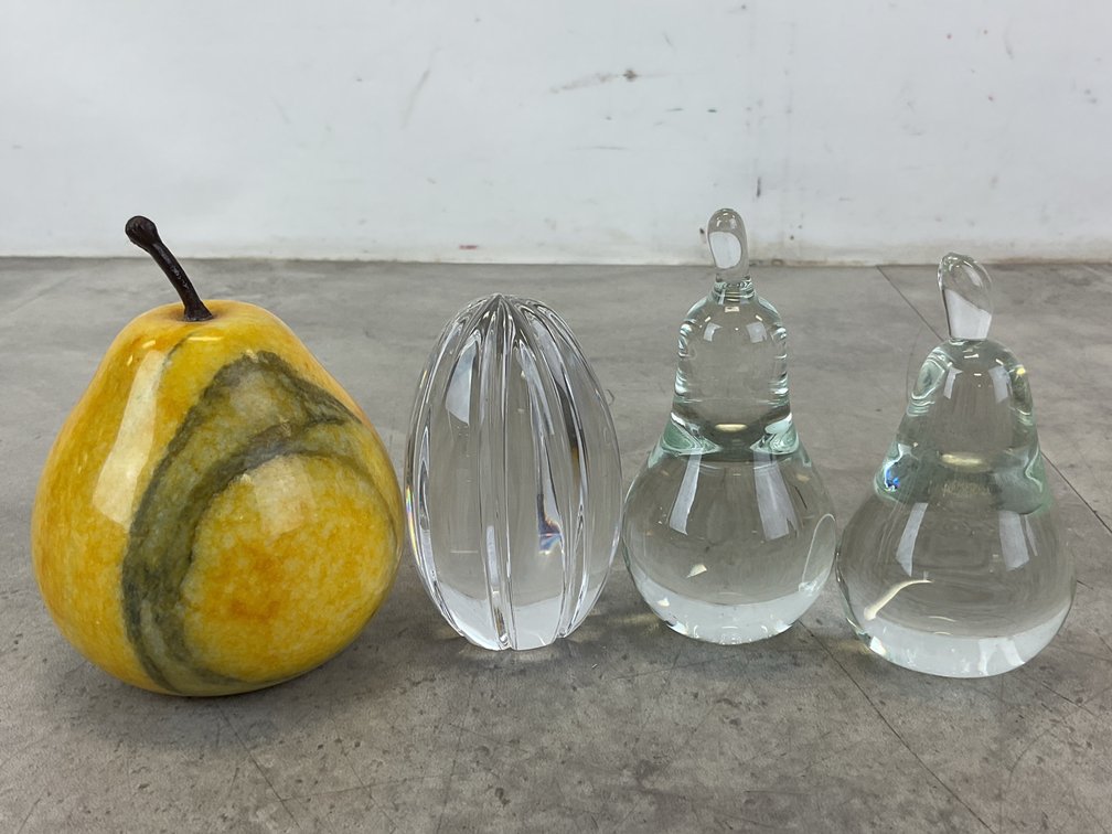 Stone Pear Paperweight & Orrefors Figures