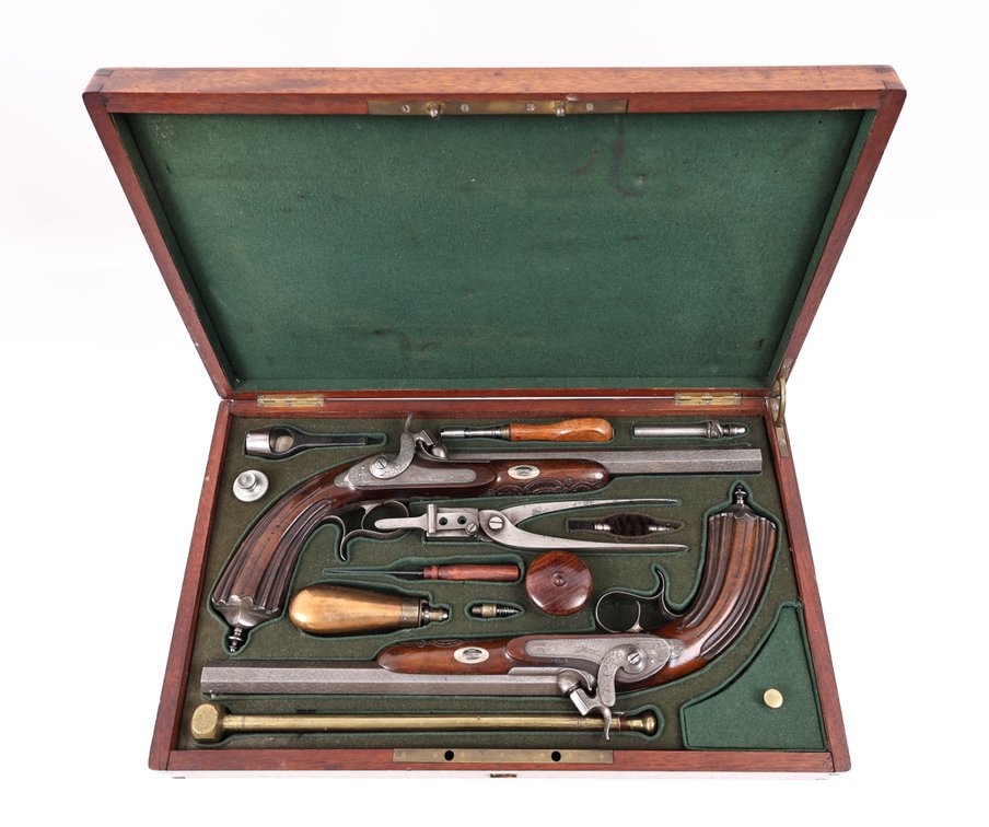 Cased Matched Pair Of Antique Percussion Dueling Pistols