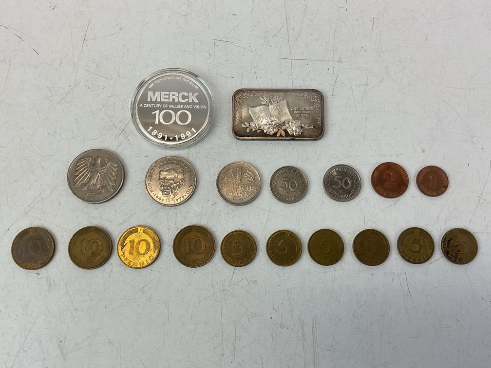 Merck Silver Medallion, German Coins, and Silver-Plated Bar