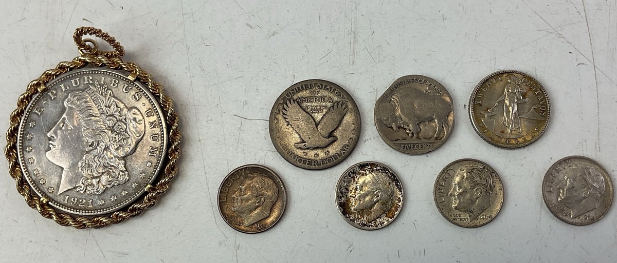 United States Silver Coins and 1921 Morgan Dollar Pendant