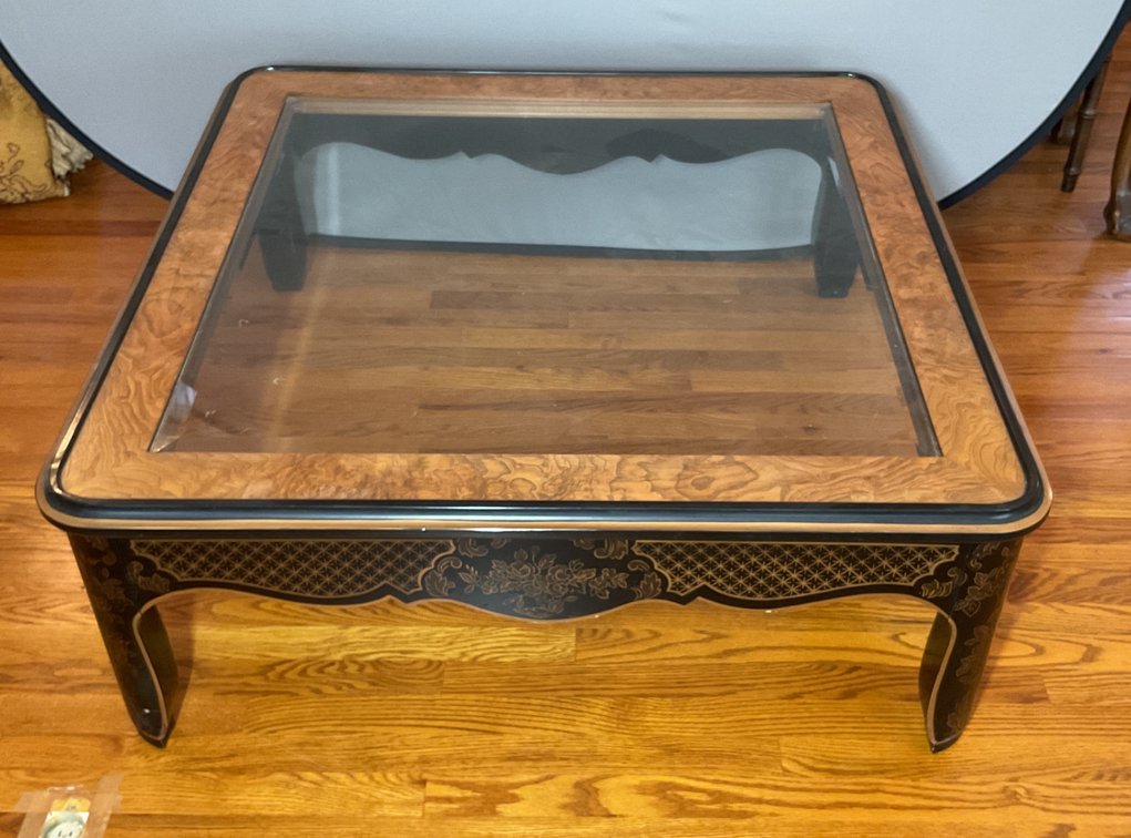 Burl Wood and Black Lacquer Coffee Table