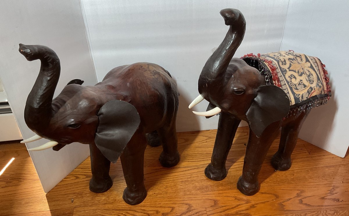 Pair of Leather-Wrapped Elephant Figurines