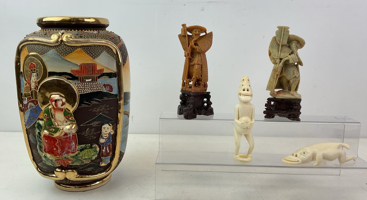 Japanese Satsuma Vase and Carved Figurines