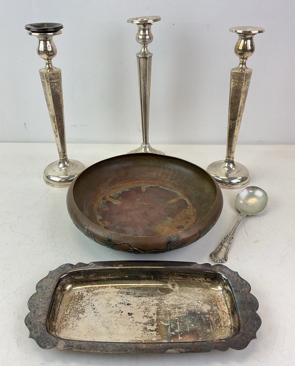 Heintz Silver on Bronze Bowl, Sterling and Silver Plate Ware