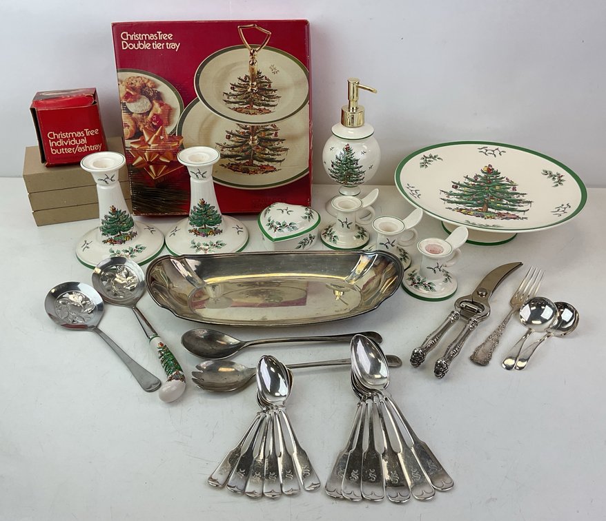 Spode Christmas Tree Dinnerware and Silver-Plated Flatware