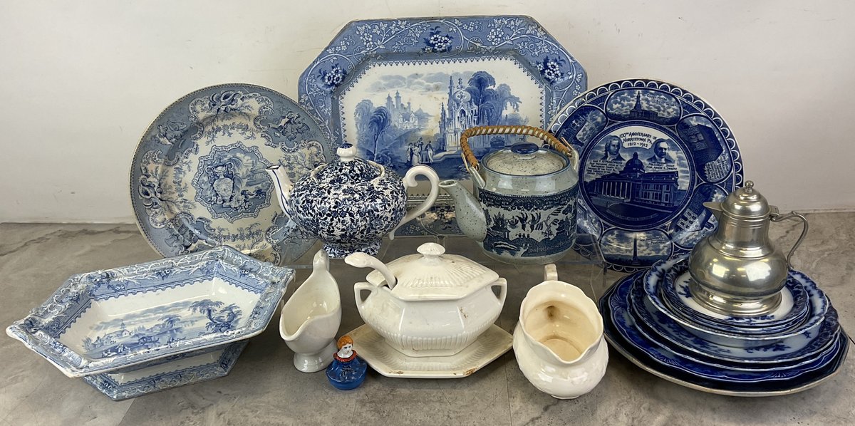 Blue and White Transferware and White Ironstone Tableware
