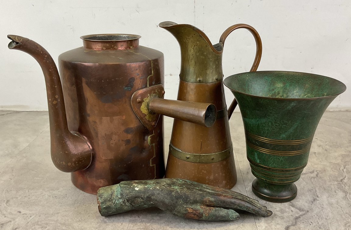 Copper and Brass Pitcher, Kettle, Vase, and Cast Metal Hand