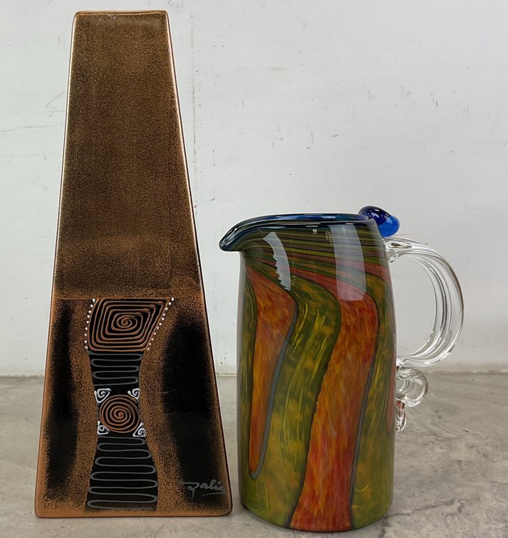 Ceramic Sculptural Vase and Handblown Glass Pitcher
