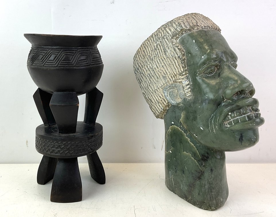 Stone Bust & Wood Vessel