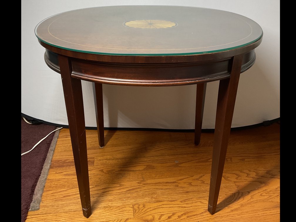 Inlaid Wooden End Table with Glass Top