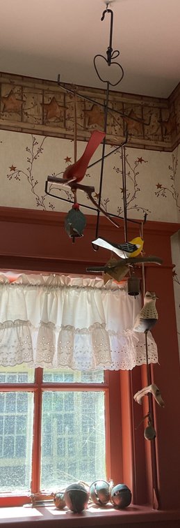 Folk Art Bird Hanging Decor and Antique Bells