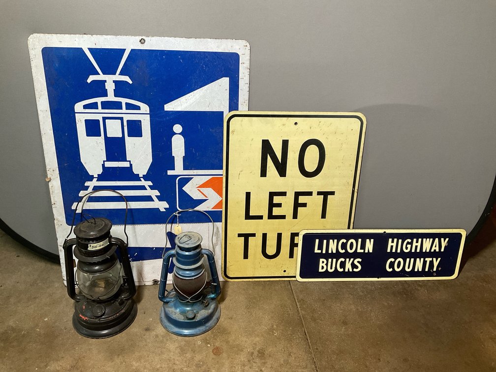 Vintage Road Signs and Hurricane Lanterns