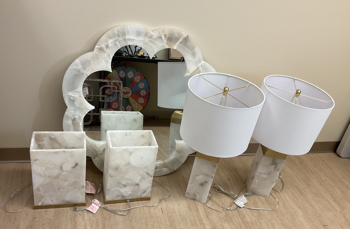 Stone Table Lamps and Scalloped Wall Mirror