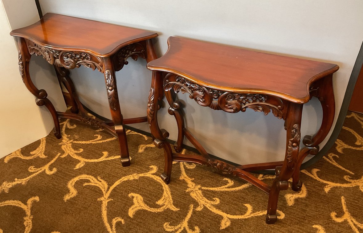 Pair of Carved Wood Tables with Floral Motif