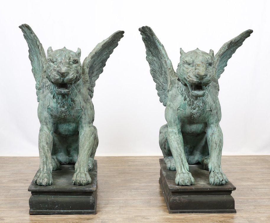 Image for Monumental Patinated Bronze Winged Lion Guardian Statues