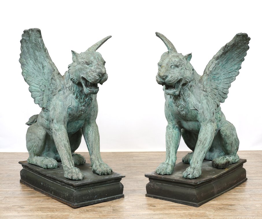 Image for Monumental Patinated Bronze Winged Lion Guardian Statues