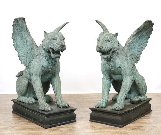 Image for Monumental Patinated Bronze Winged Lion Guardian Statues