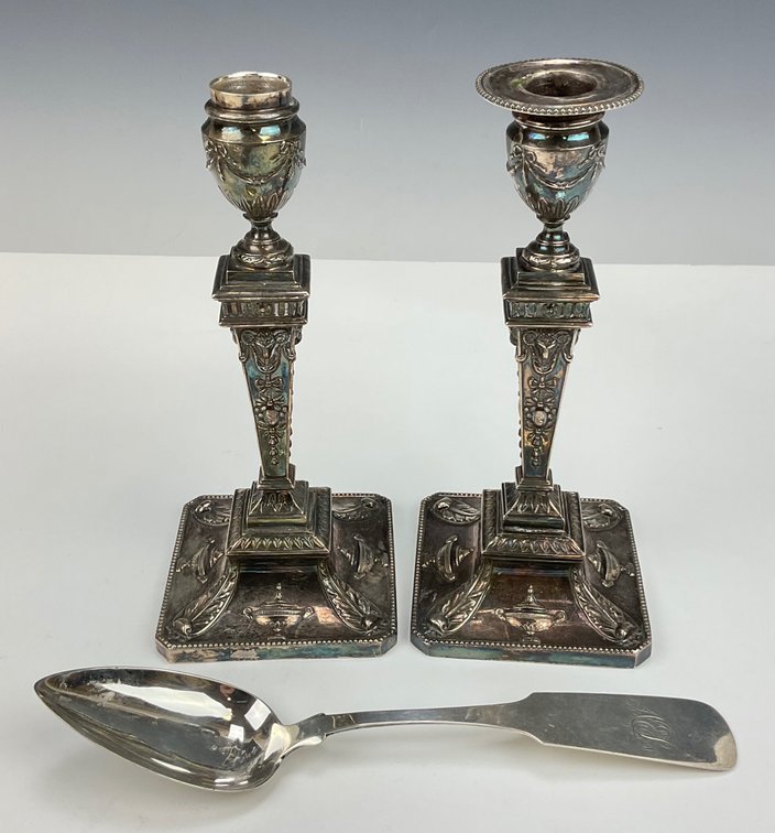 James Dixon British Sterling Silver Candlesticks and Silver Plate Spoon