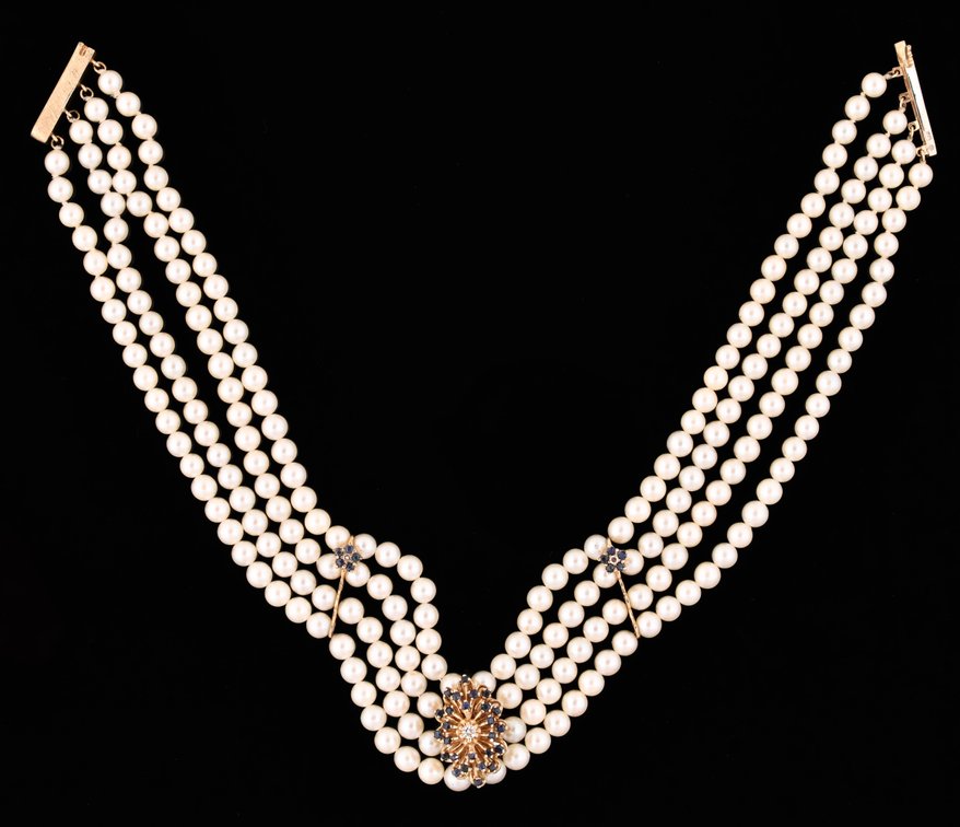 Image for 14K YG Cultured Pearl, Sapphire & Diamond Necklace