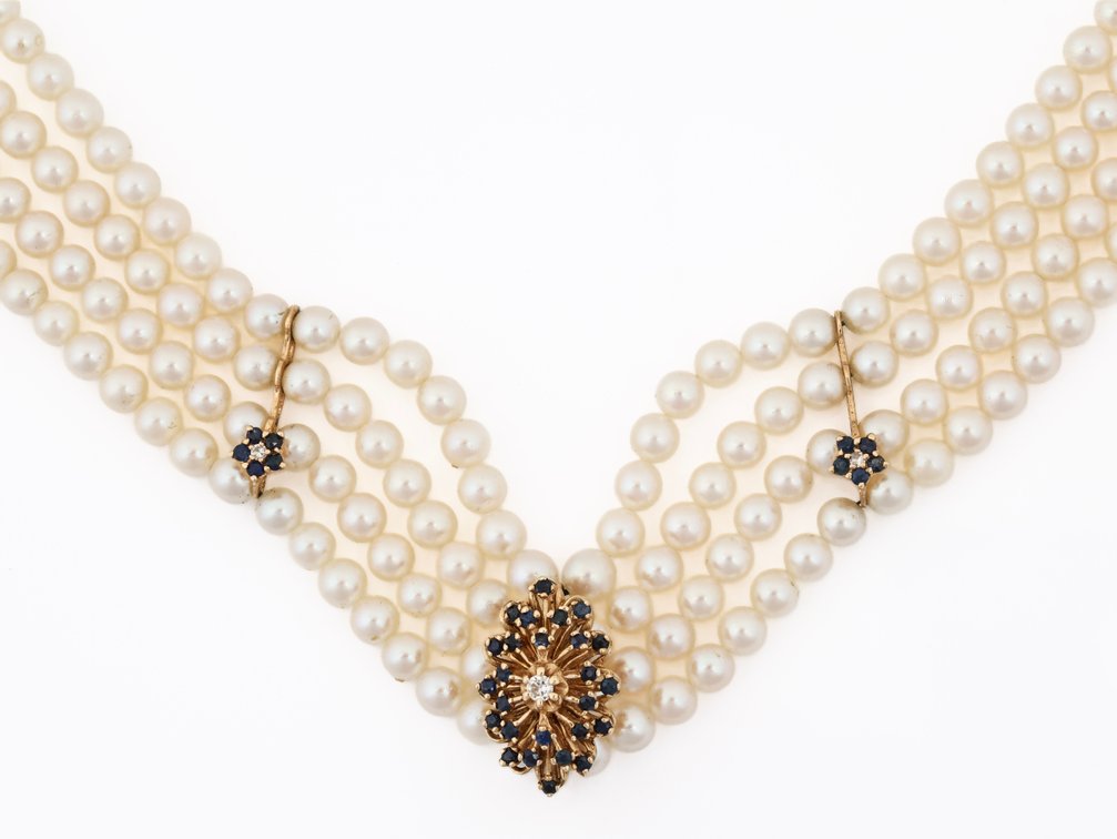 Image for 14K YG Cultured Pearl, Sapphire & Diamond Necklace