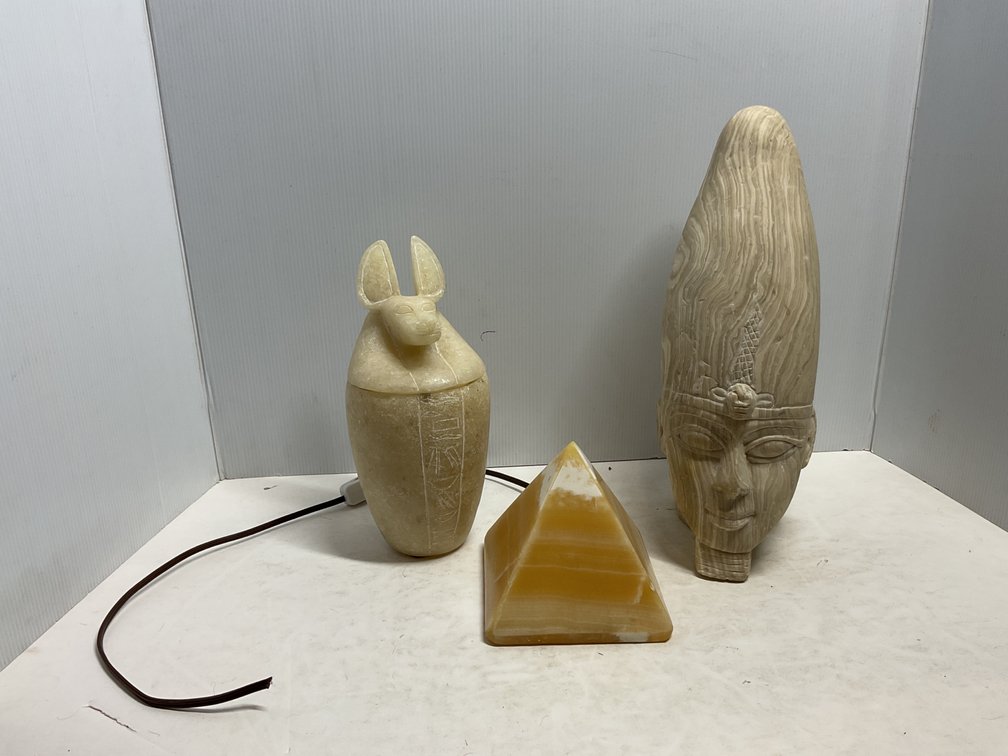 Carved Stone Egyptian Decor and Pyramid Lamp