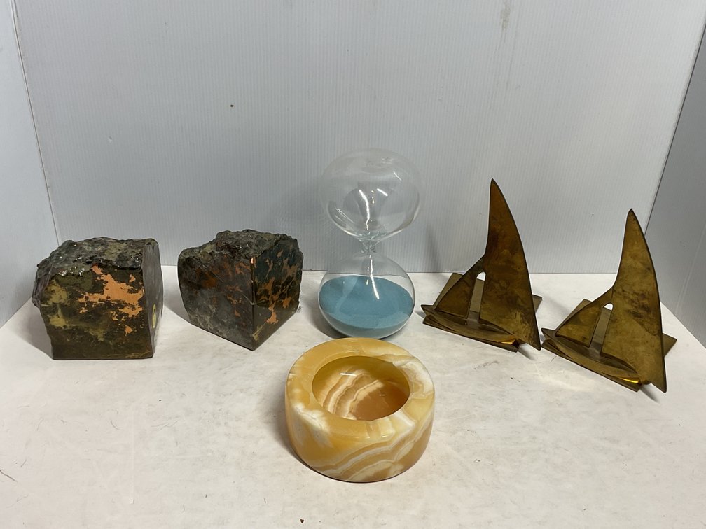 Copper Ore Bookends, Brass Sailboat Bookends, Ashtray & Hourglass