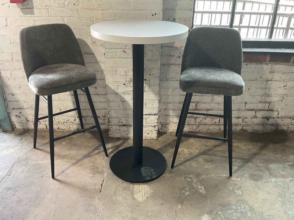 Round Bar Table and Pair of Upholstered Stools