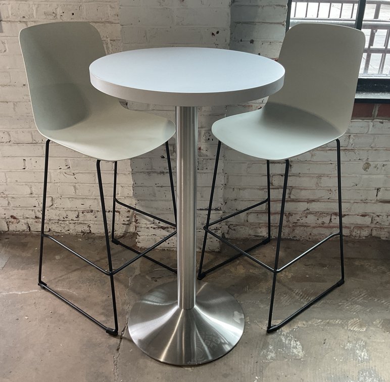 White Laminate Bar Table and Molded Plastic Chairs