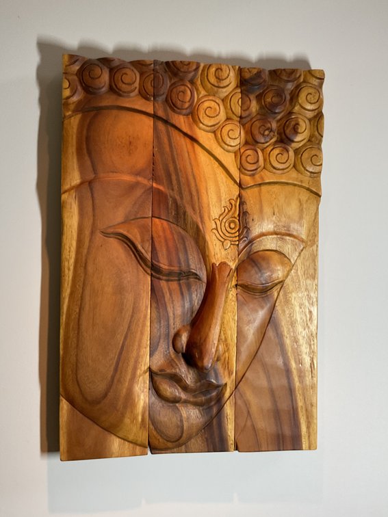 Carved Wooden Buddha Face Relief Panel