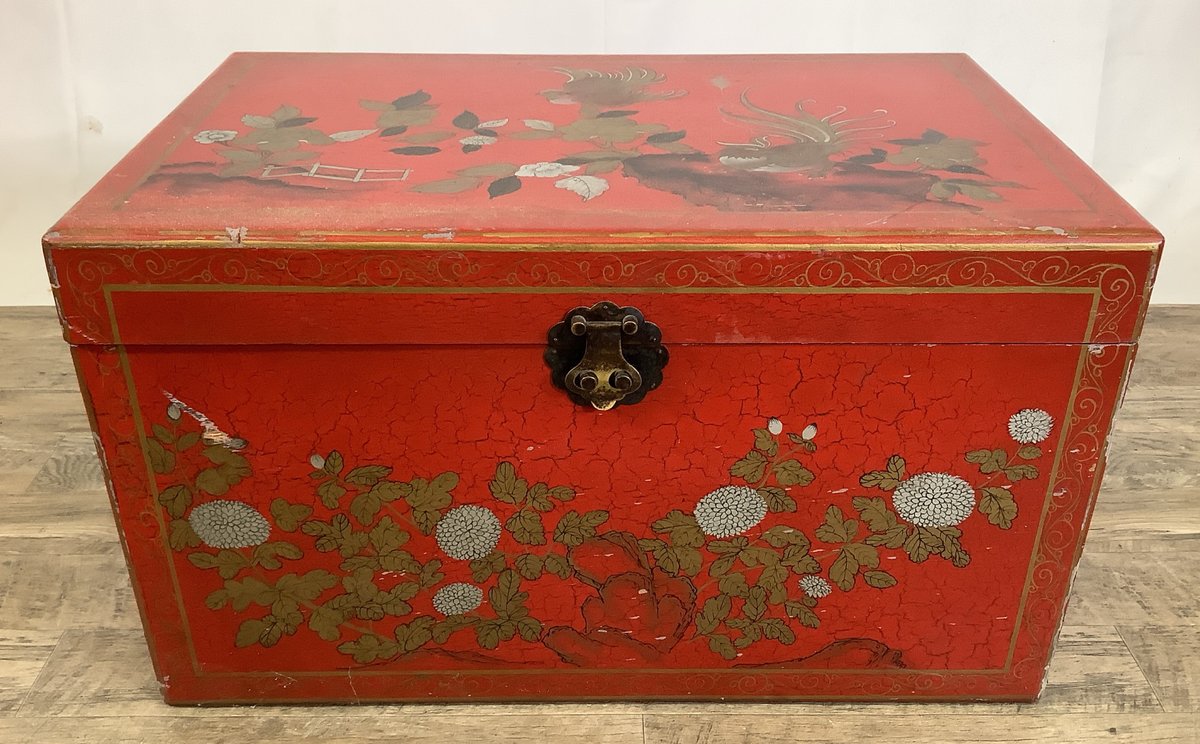 Red Lacquered Painted Wood Storage Chest